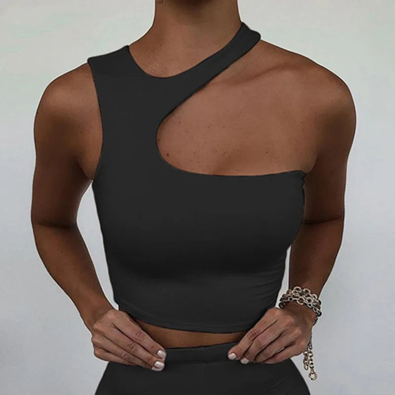 Cut Out Sexy Crop Off Shoulder Solid Skinny Sport Short Tops Women Tank Irregular Summer Tube Tops - reetell