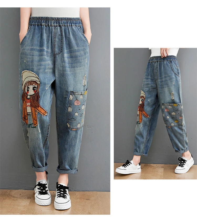 6537 Cartoon Litter Girl Embroidery Denim Pants For Women Trendy Hole Casual High Waist Breeches Pockets Mom Harem Blue Jeans - reetell