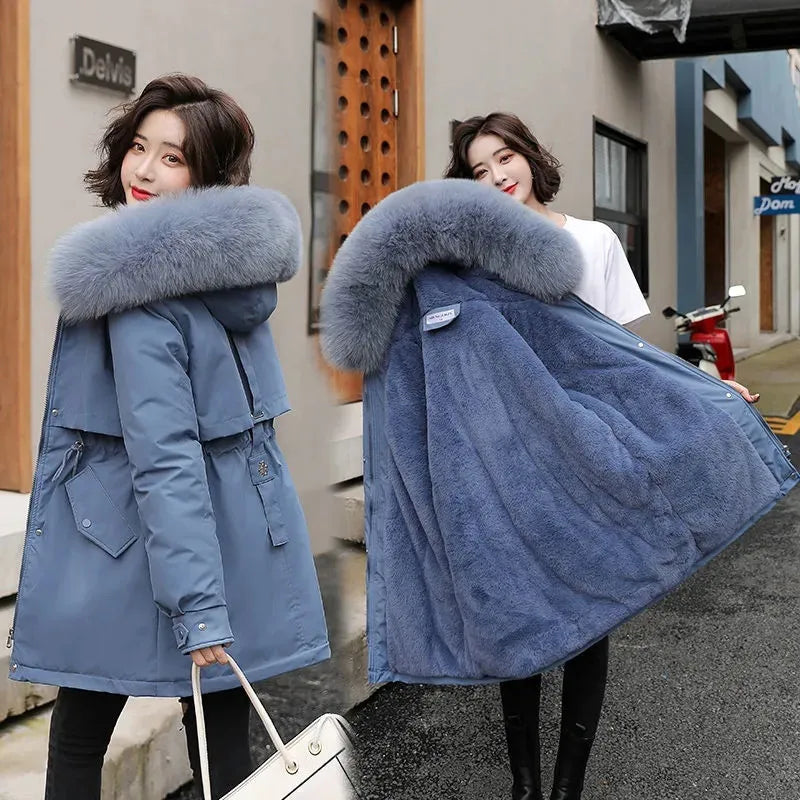 2023 New Winter Jacket Women Parka Fashion Long Coat Wool Liner Hooded Parkas Slim With Fur Collar Warm Snow Wear Padded Clothes - reetell