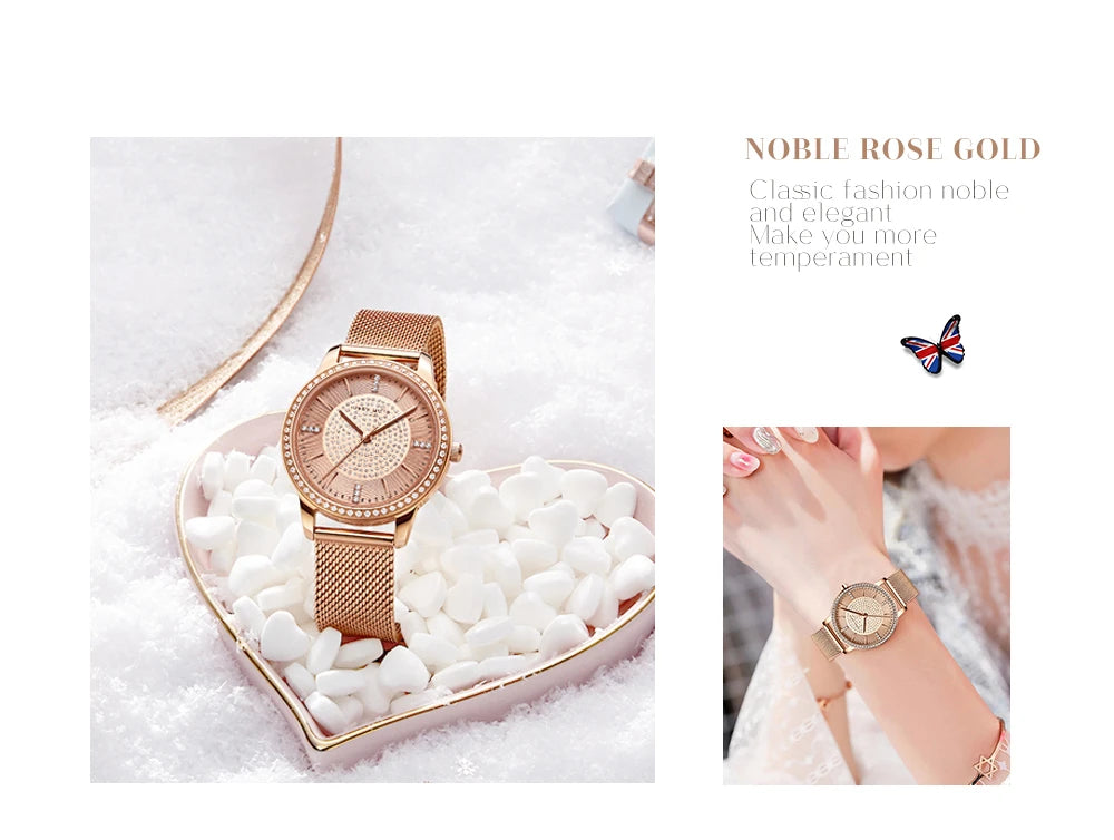 Hot Sale Full Solid Stainless Steel Strap Japan Movement Rose Gold Diamonds Women Rhinestones Wristwatches Female Quartz Watch