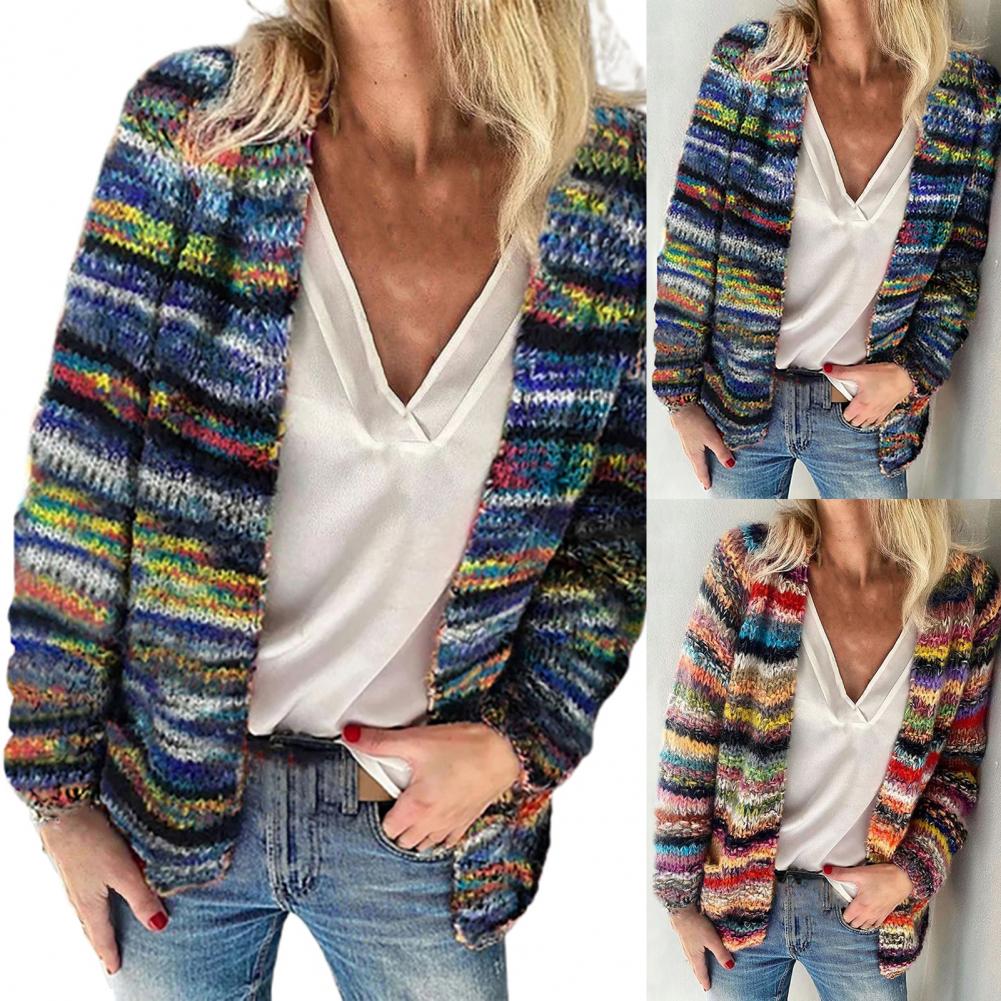 2021 New Women Sweater Rainbow Stripes Temperament Autumn Winter Long Sleeve Knitted Cardigan Coat for Office - reetell