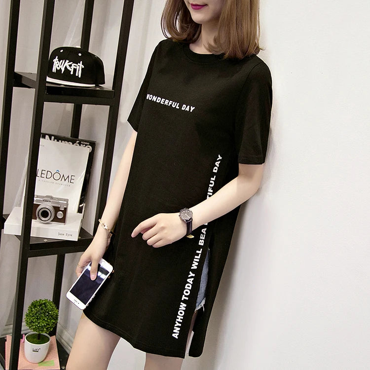 WONDERFUL DAY Print Long T shirts Summer Women Loose Slit Femme Tops Cotton Tshirt Short sleeve Ladies t-shirt - reetell