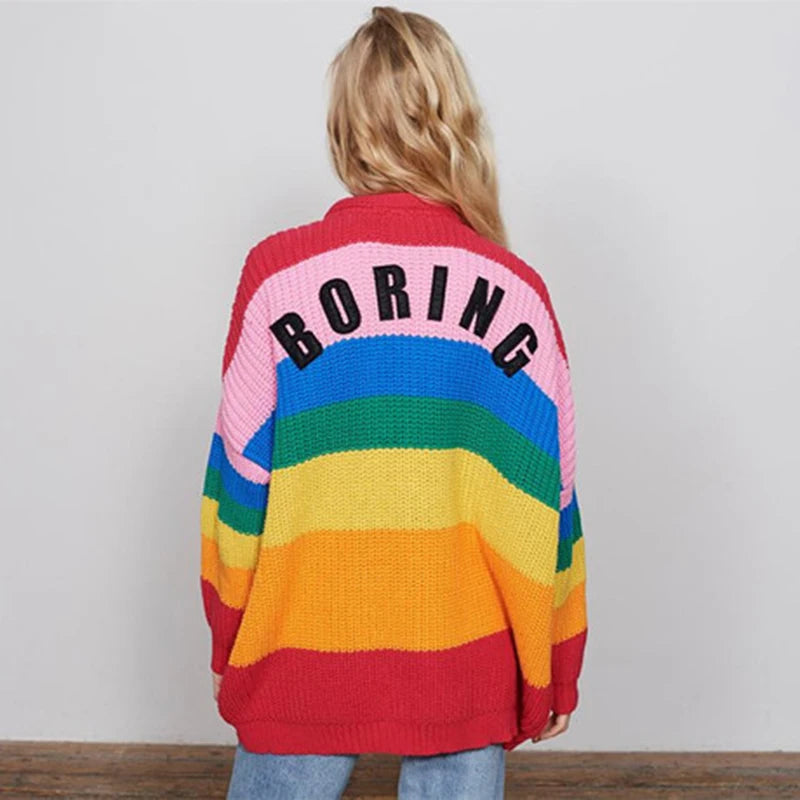 BORING Letters Rainbow Multicolor Striped Loose Kimono Cardigan Women Fall Winter Knitted Cardigan Sweet Long Sweater C111 - reetell