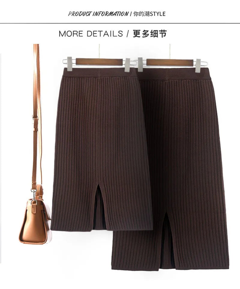 50-60-70 CM Fashion Autumn Winter Korean Knitted Women Skirts Elastic High Waist Split A-line Female Sexy Ribbed Skirts - reetell