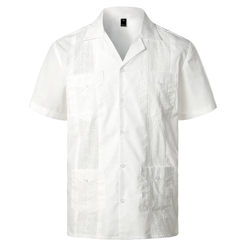 White Cuban Camp Guayabera Shirt Men Stylish Embroidered Woven Button-Down Shirts Mens Mexican Caribbean Style Beach Shirts 2XL