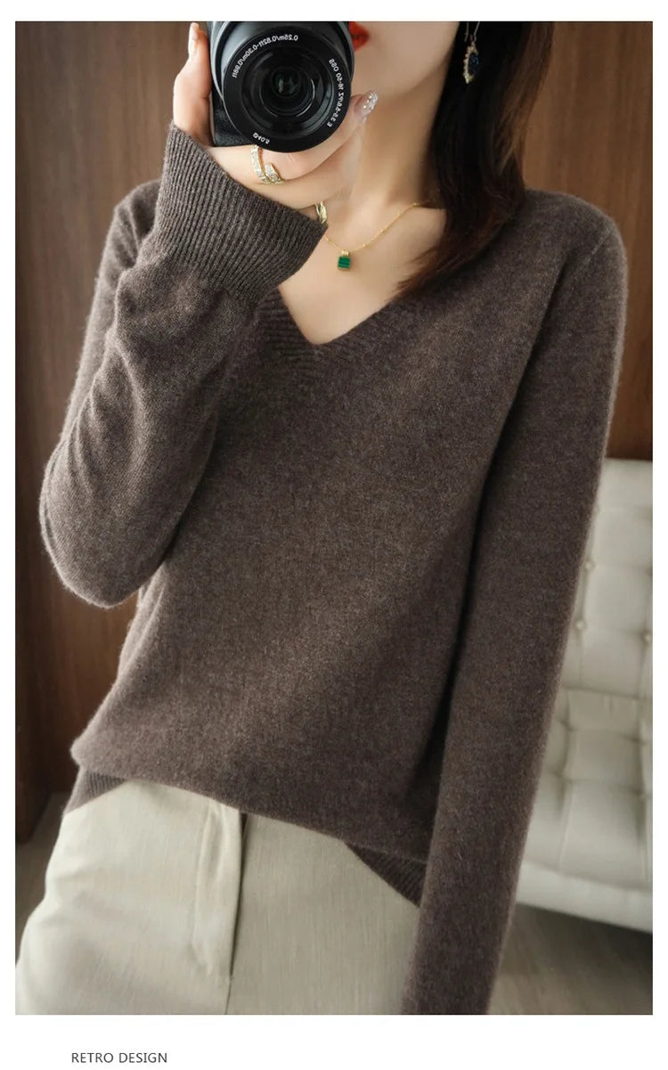 Women's Sweater 2024 Autumn Winter Knitted Pullovers V-neck Slim Fit Bottoming Shirt Solid Soft Knitwear Jumpers Basic Sweaters - reetell