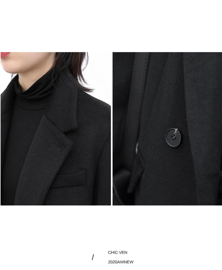 CHIC VEN Women Wool Blend Coat Solid Mid Long Woolen Blazer Thick Warm Blouse Women's Overcoat Office Lady Tops Autumn Winter - reetell