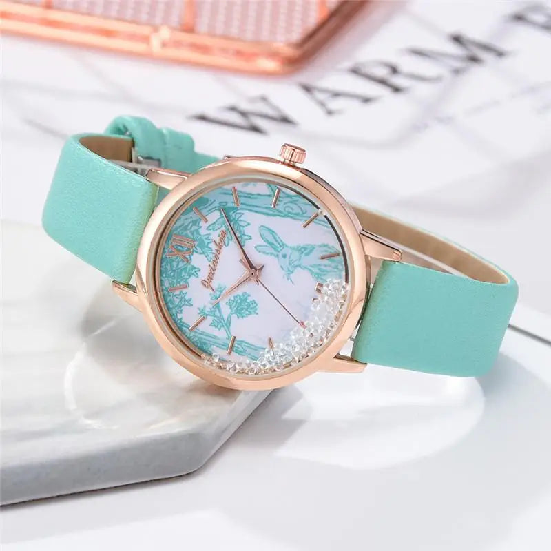 Luxury Rhinestones Women Watches Fashion Rabbit Pattern Dial Design Ladies Wristwatches Qualities Female Quartz Leather Watch