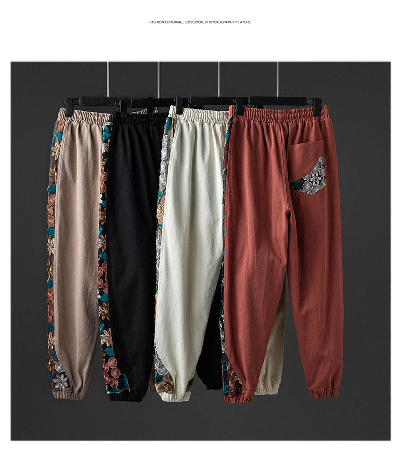 Chinese Style Patchwork Embroidery Loose Casual Harem Pants Ethnic Style Plus Size Joggers Men Clothing Harajuku Trousers Male