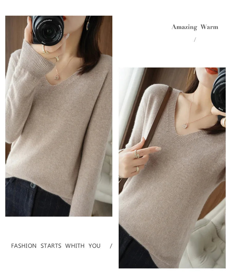 Women's Sweater 2024 Autumn Winter Knitted Pullovers V-neck Slim Fit Bottoming Shirt Solid Soft Knitwear Jumpers Basic Sweaters - reetell