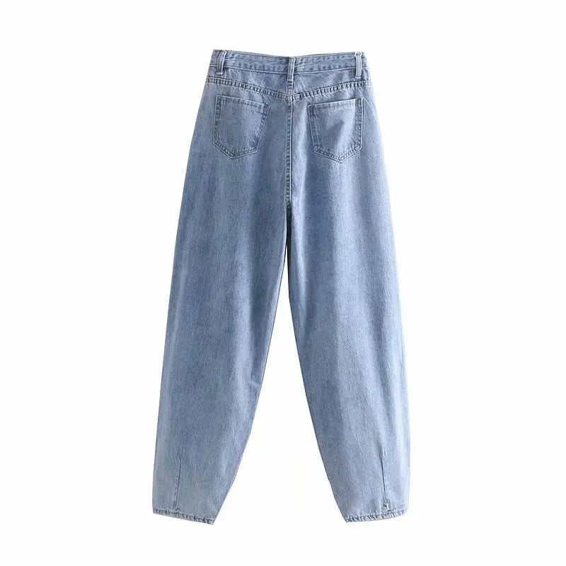 Aachoae Women Streetwear Pleated Mom Jeans High Waist Loose Slouchy Jeans Pockets Boyfriend Pants Casual Ladies Denim Trousers - reetell