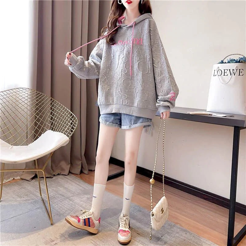 Autumn New Embroidery Hoodies Womens Fashion Loose Large Size Hoodie Korean Trendy Thin Long-sleeved Versatile Hooded Sweatshirt - reetell