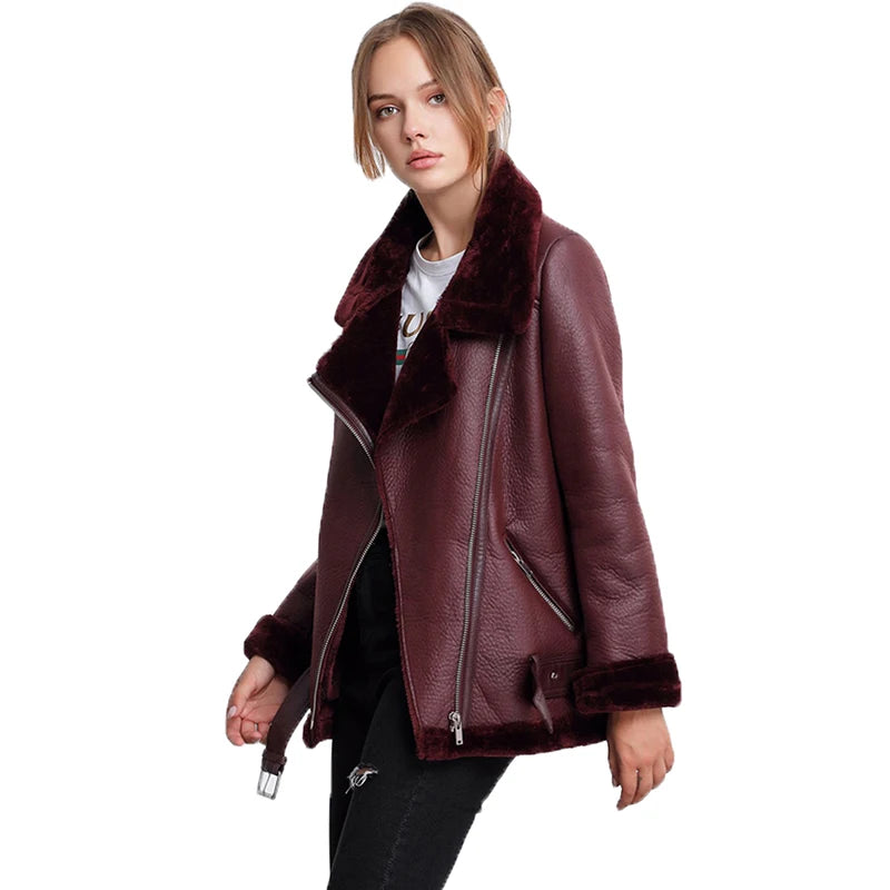 Ailegogo Winter Coats Women Thickness Faux Leather Fur Sheepskin Female Fur Leather Jacket Aviator Outwear Casaco Feminino