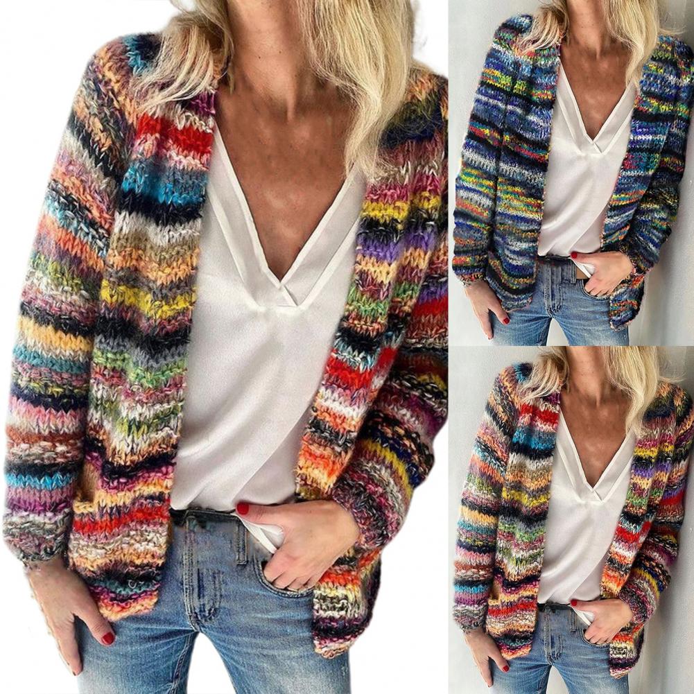 2021 New Women Sweater Rainbow Stripes Temperament Autumn Winter Long Sleeve Knitted Cardigan Coat for Office - reetell