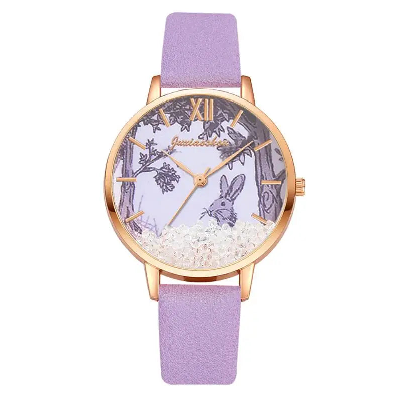 Luxury Rhinestones Women Watches Fashion Rabbit Pattern Dial Design Ladies Wristwatches Qualities Female Quartz Leather Watch