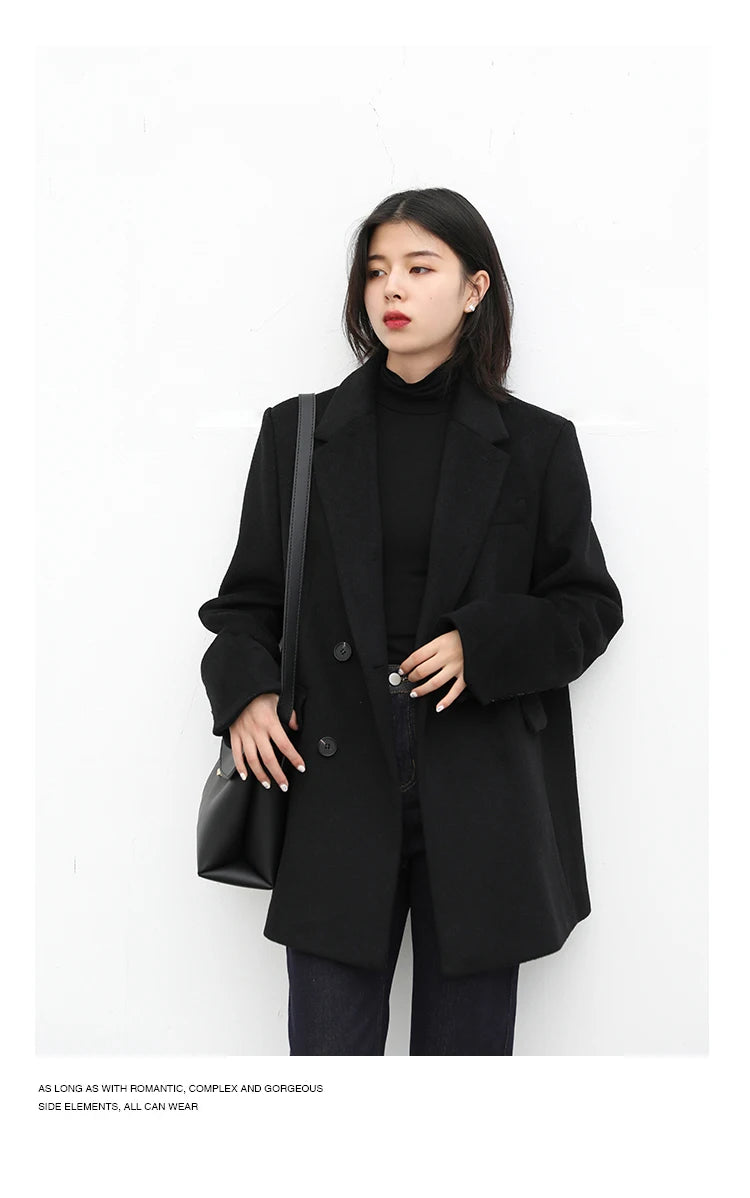 CHIC VEN Women Wool Blend Coat Solid Mid Long Woolen Blazer Thick Warm Blouse Women's Overcoat Office Lady Tops Autumn Winter - reetell