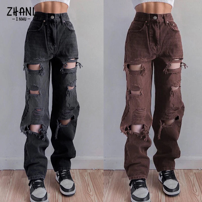 Black Ripped High Waist Jeans for women Vintage Clothes y2k Fashion Straight Denim Trousers Streetwear Hole Hip Hop Pant jeans - reetell