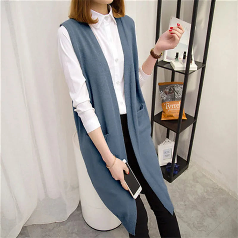 Long Sweater Vest Women Knitting Cardigan Waistcoat Coat lady 2020 New Autumn winter Korean Loose Gilet solid Sleeveless Jackets - reetell