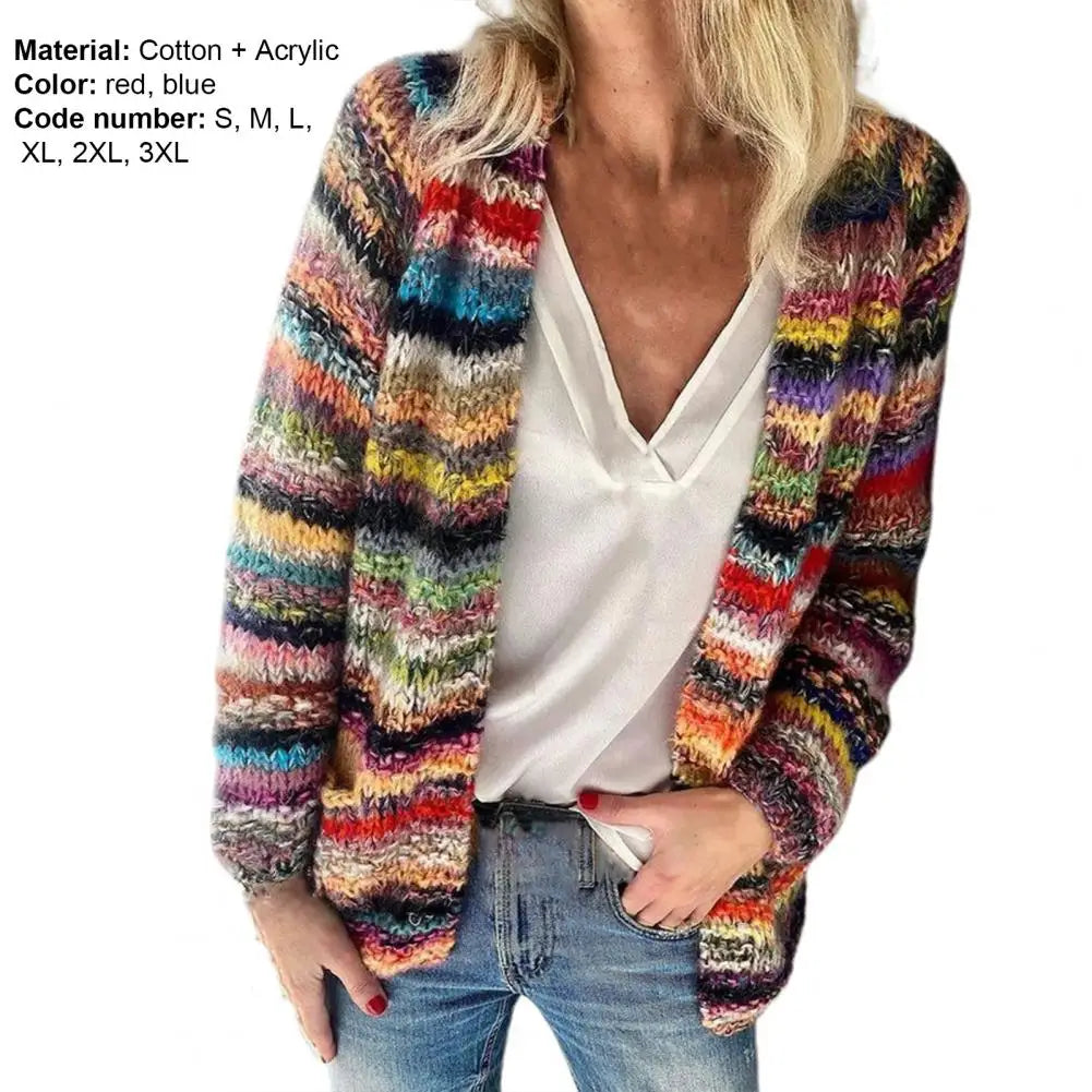 2021 New Women Sweater Rainbow Stripes Temperament Autumn Winter Long Sleeve Knitted Cardigan Coat for Office - reetell