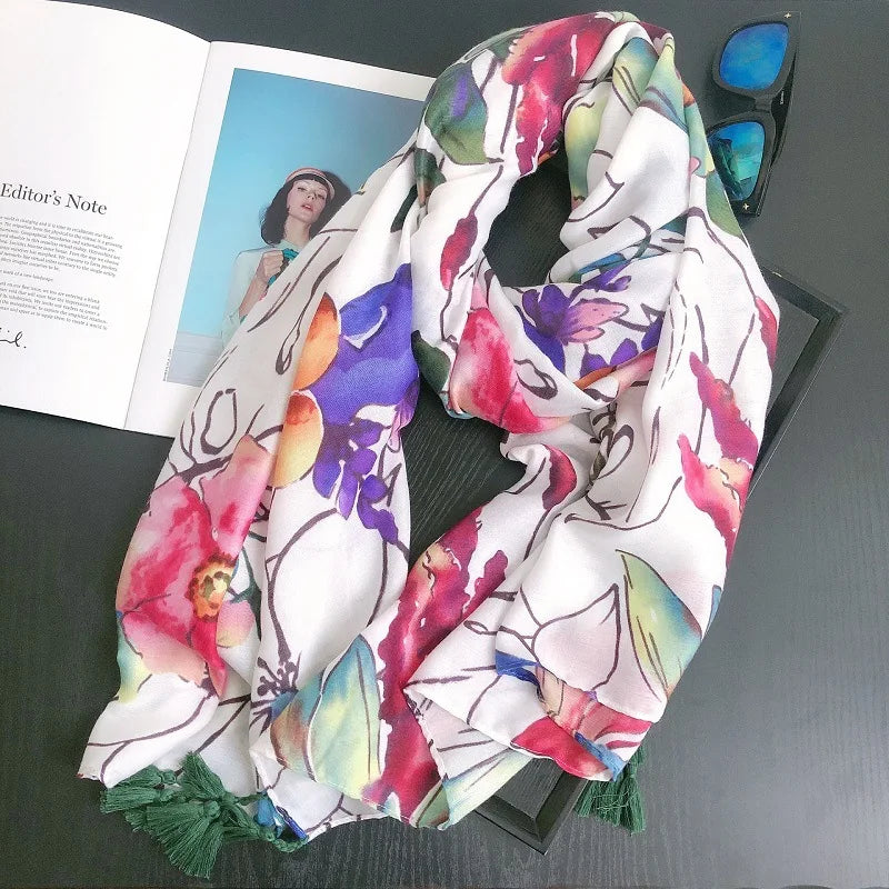 2022 Spain Luxury Fashion Floral Chain Tassel Viscose Shawl Scarf High Quality Neckerchief Pashmina Foulard Muslim Hijab Sjaal - reetell