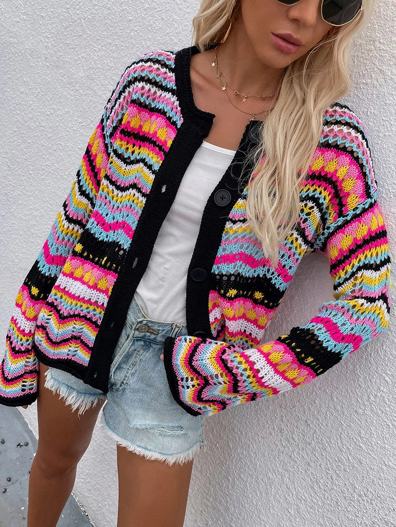 Fitshinling Bohemian Cardigan Sweater Women Buttons Up Hollow Out Sexy Slim Jacket Female Autumn Striped Colorful Outerwear New - reetell