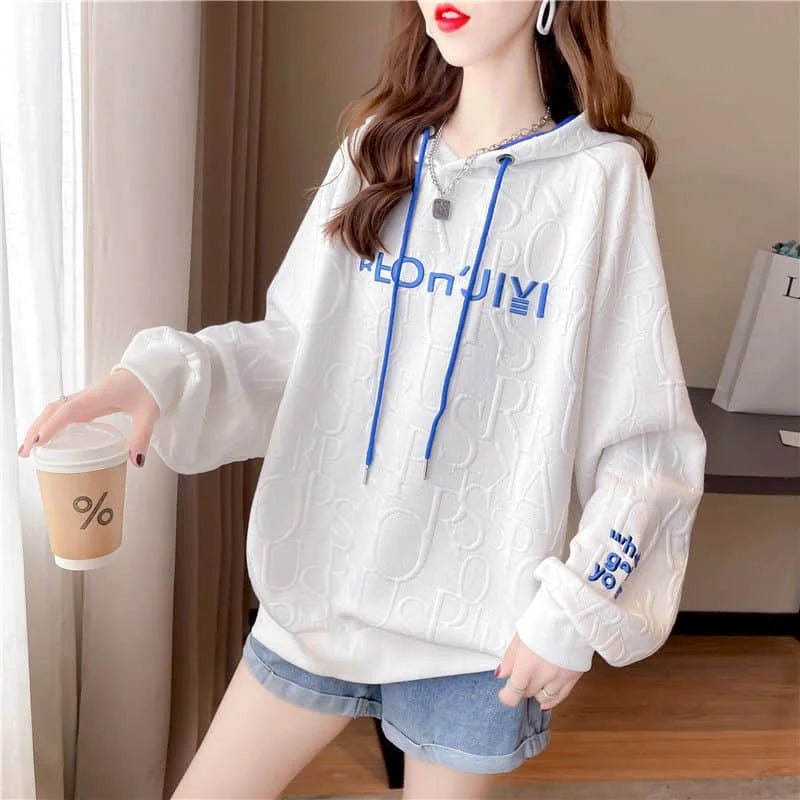 Autumn New Embroidery Hoodies Womens Fashion Loose Large Size Hoodie Korean Trendy Thin Long-sleeved Versatile Hooded Sweatshirt - reetell