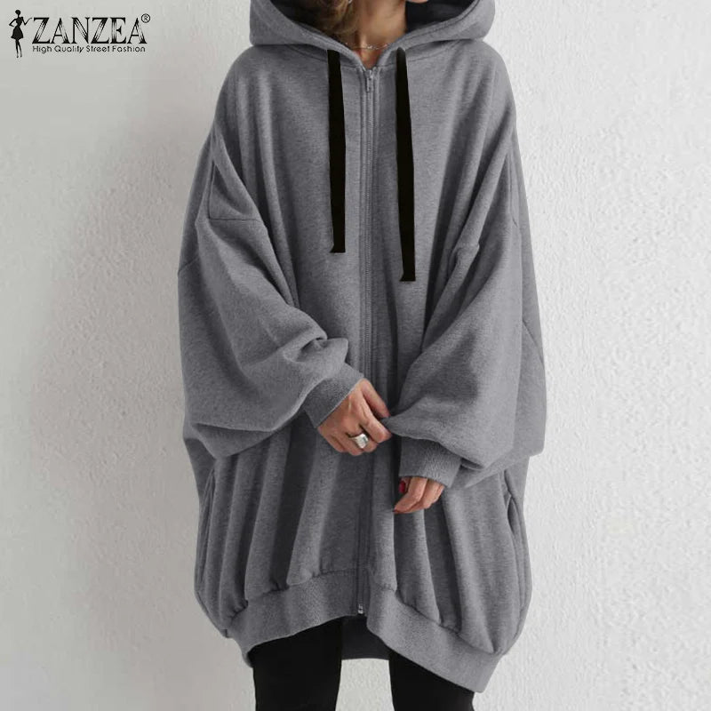 ZANZEA Fashion Oversize Coats Women Autumn Long Sleeve Sweatshirts Female Casual Elegant Loose Outwear Hooded Hoodies 2023 - reetell