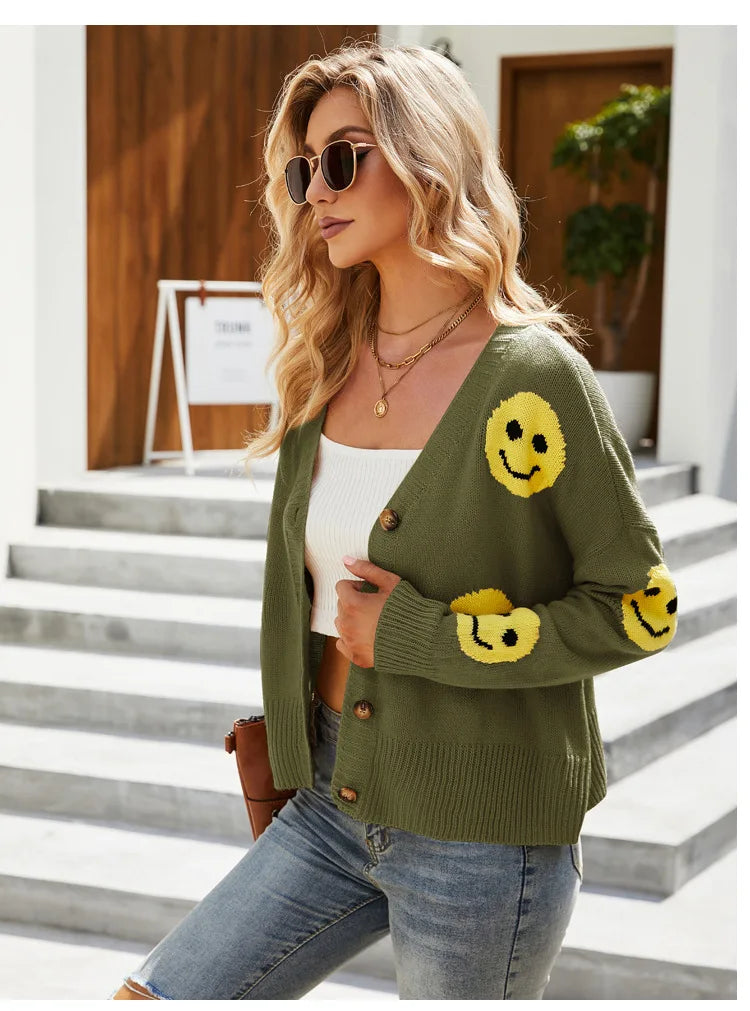 Women's Smiling Face Cardigan Autumn Winter New Female's Long Sleeve V Neck Single Breasted Knitted Shirt Casual Loose Knitwear - reetell