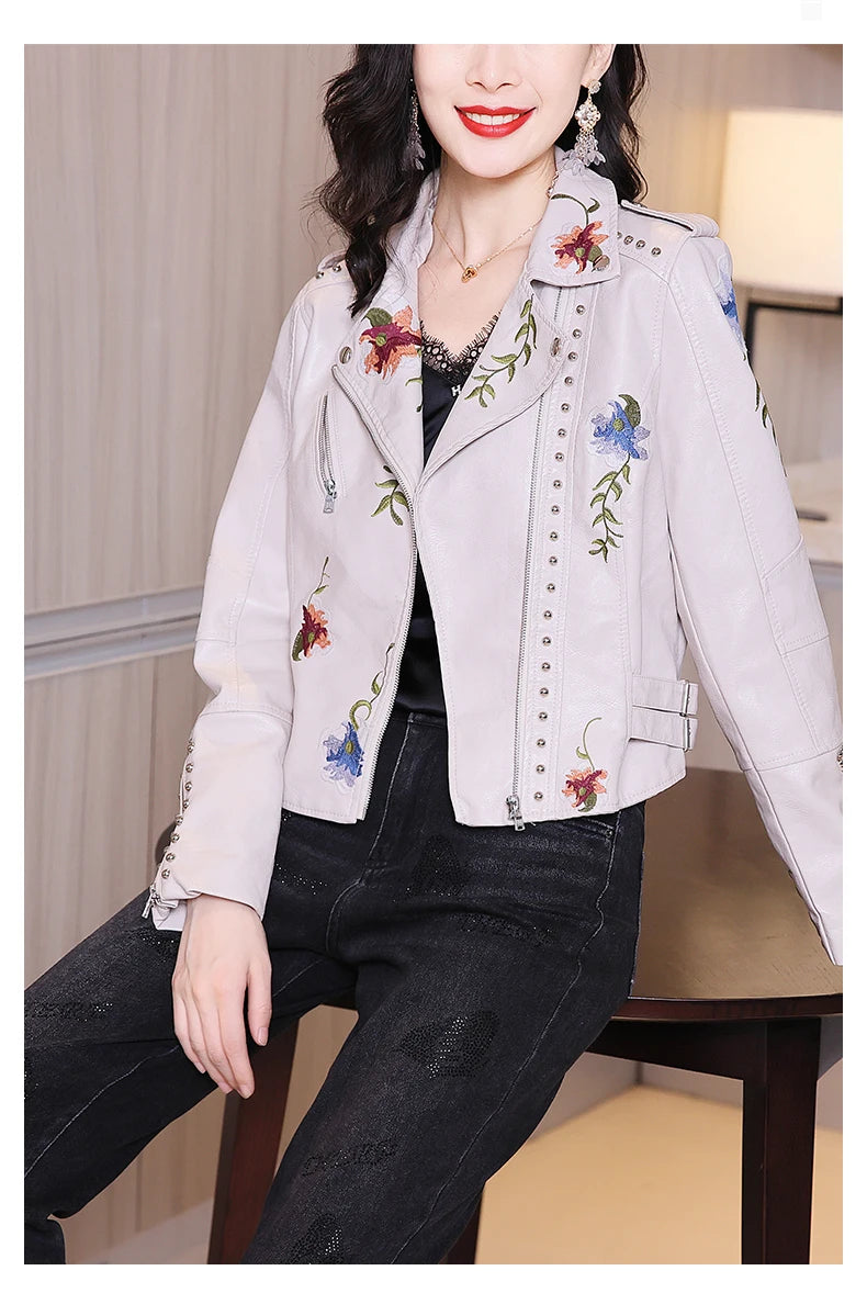 FTLZZ New Spring Autumn Women Biker Leather Jacket  Floral Print Embroidery Pu Leather Jacket Turn-down Collar Zipper Jacket