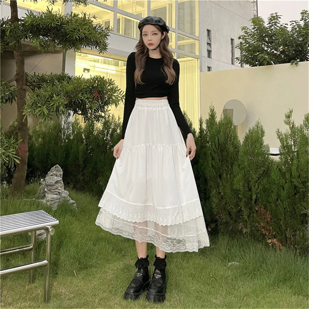 Y2k Gothic Tulle Pleated Skirt Black Lace Stitching Irregular Midi Skirt Women Vintage High Waist Long Skirt Korea Solid Hip Hop - reetell