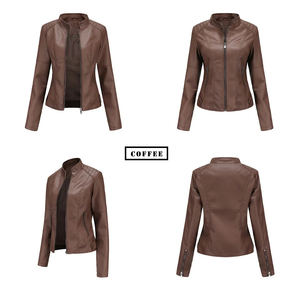 Women Leather Jacket 2024 Spring Autumn Black PU Leather Coat Stand-up Collar Motor Biker Jacket