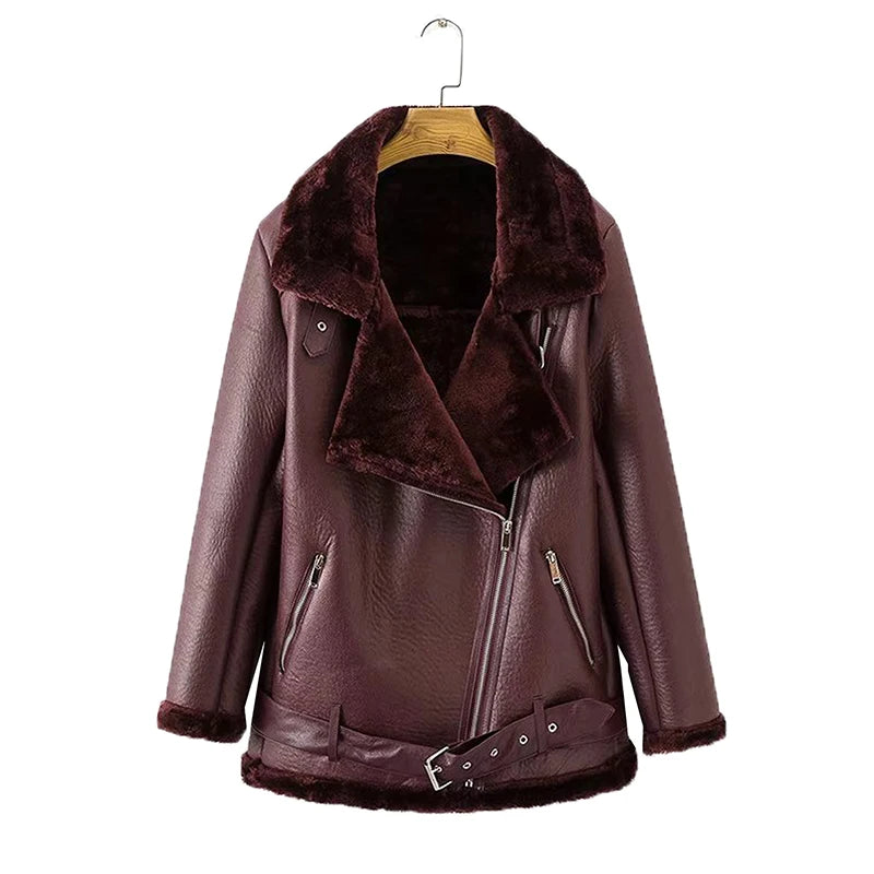 Ailegogo Winter Coats Women Thickness Faux Leather Fur Sheepskin Female Fur Leather Jacket Aviator Outwear Casaco Feminino