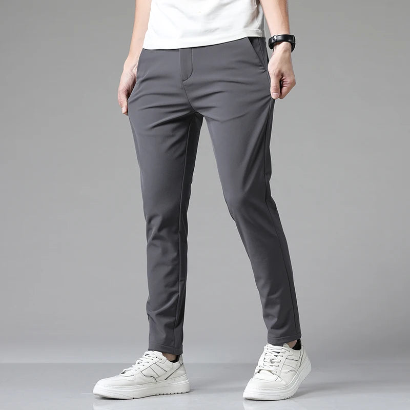 2023 Autumn Pants Mens Stretch Korean Casual Slim Fit Elastic Waist Jogger Business Classic Trousers Male Black Gray Blue 28-38 - reetell