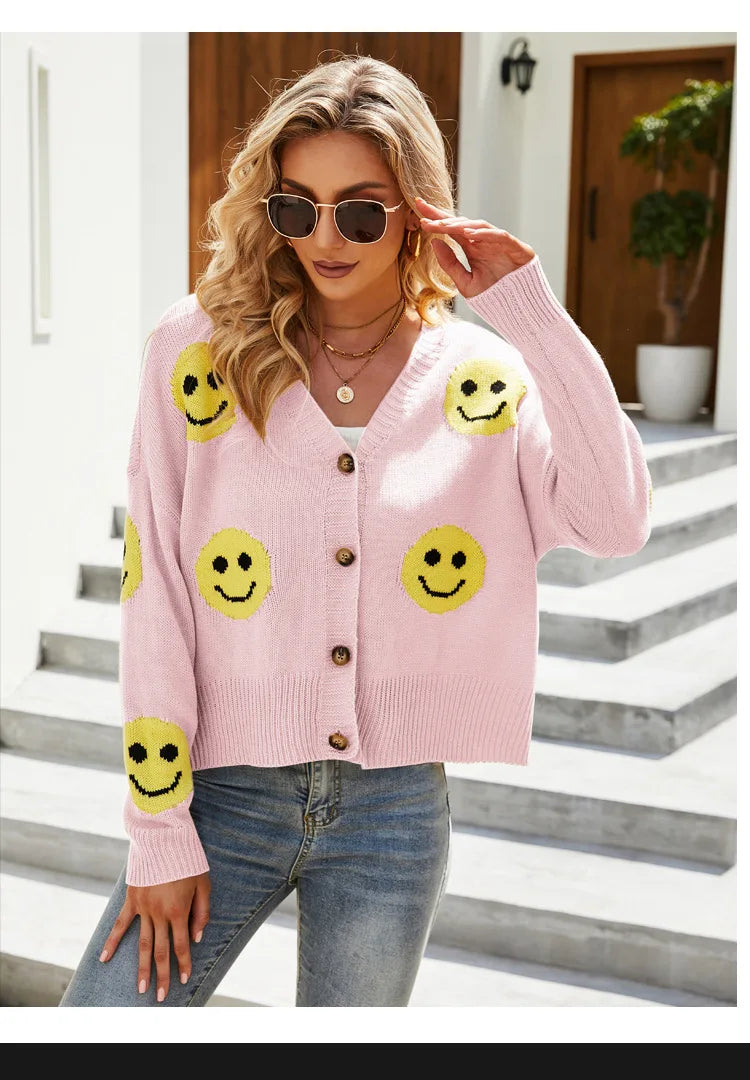 Women's Smiling Face Cardigan Autumn Winter New Female's Long Sleeve V Neck Single Breasted Knitted Shirt Casual Loose Knitwear - reetell