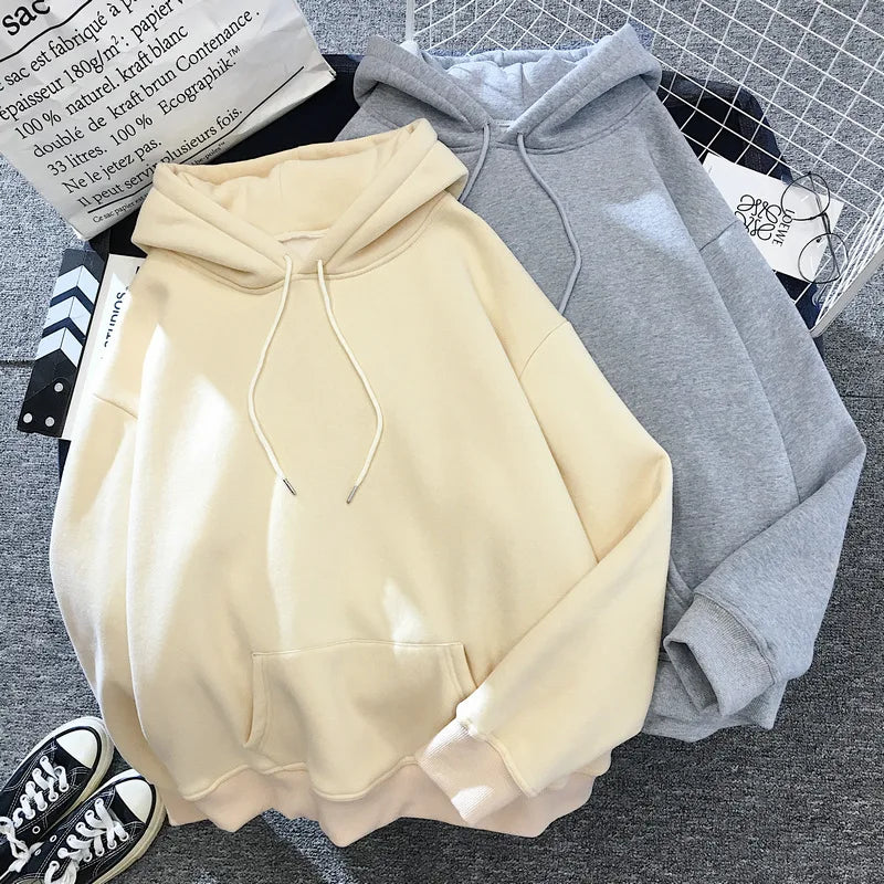 Zuolunouba Autumn And Winter Solid Color Plus Velvet Thickening Female Hoodie Casual Loose Drawstring Pocket Women Sweatshirt - reetell