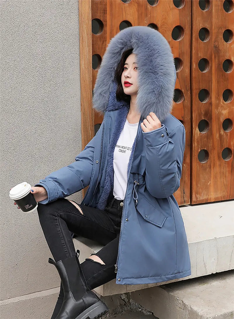 2023 New Winter Jacket Women Parka Fashion Long Coat Wool Liner Hooded Parkas Slim With Fur Collar Warm Snow Wear Padded Clothes - reetell