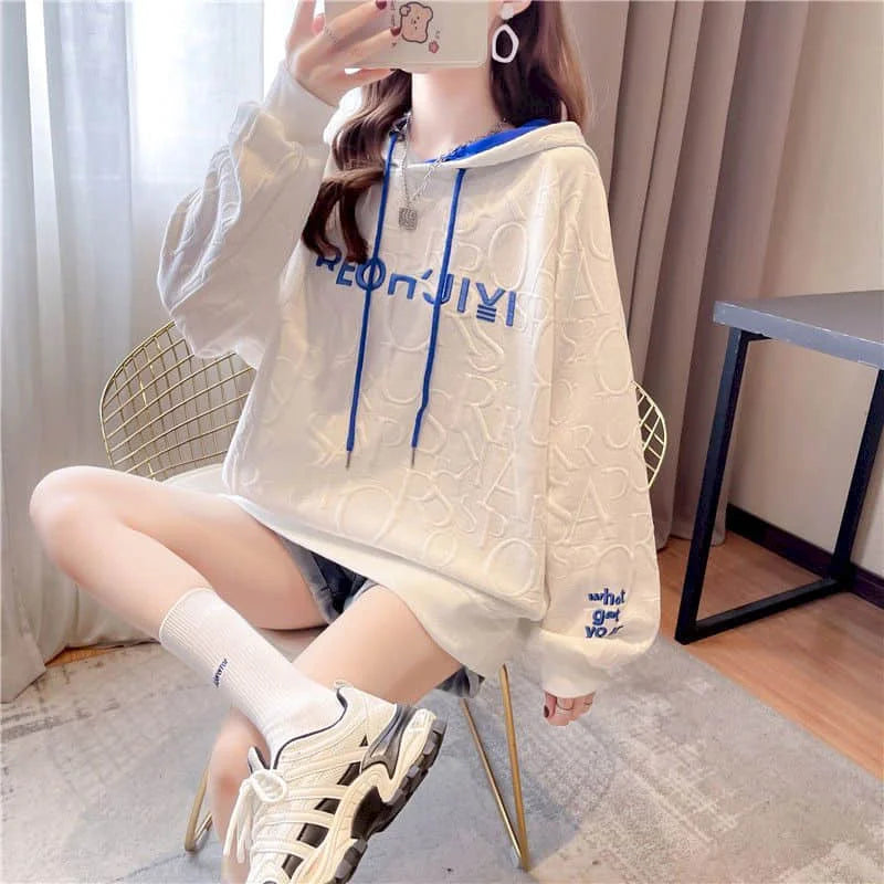 Autumn New Embroidery Hoodies Womens Fashion Loose Large Size Hoodie Korean Trendy Thin Long-sleeved Versatile Hooded Sweatshirt - reetell