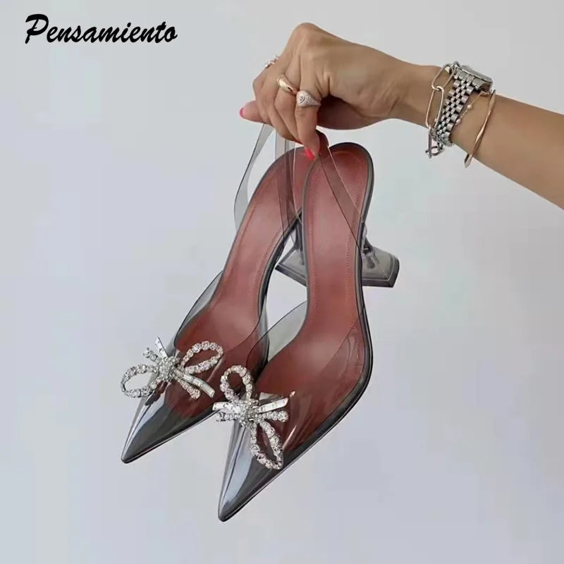 Fashion Transparent Soft PVC Women Pumps Luxury Rhinestones Bowknot Slingbacks High heels Spring Summer Wedding Party Shoes