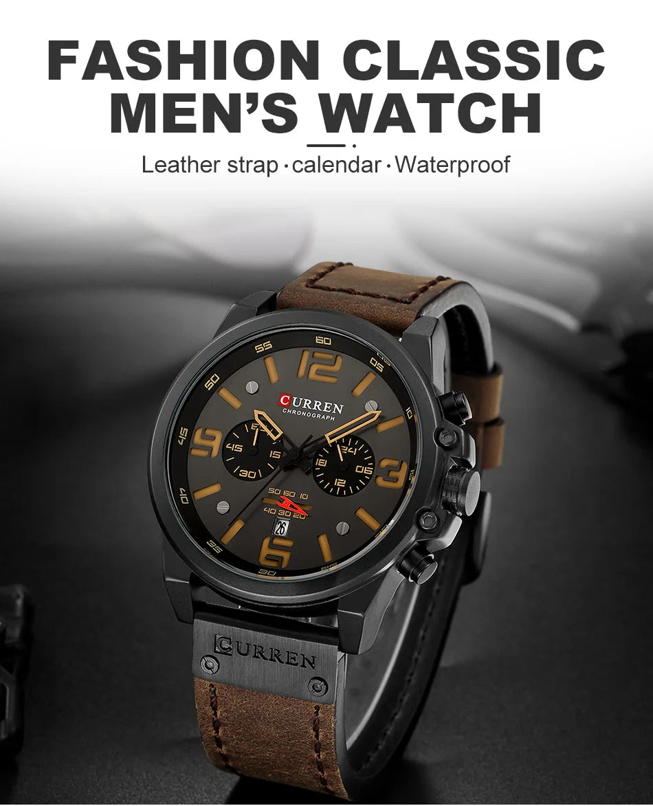 CURREN Mens Watches Top Luxury Brand Waterproof Sport Wrist Watch Chronograph Quartz Military Genuine Leather Relogio Masculino