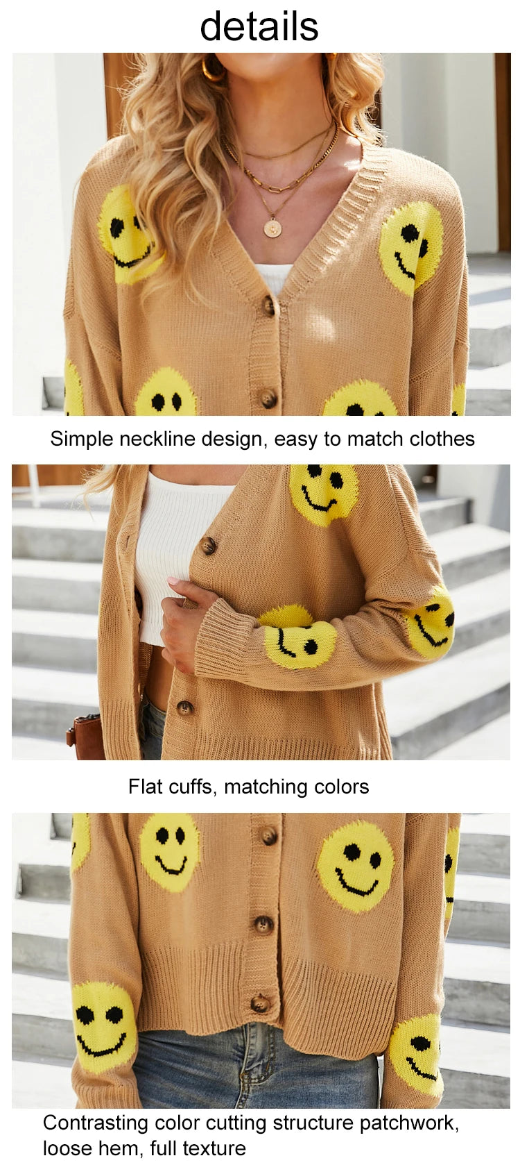 Women's Smiling Face Cardigan Autumn Winter New Female's Long Sleeve V Neck Single Breasted Knitted Shirt Casual Loose Knitwear - reetell