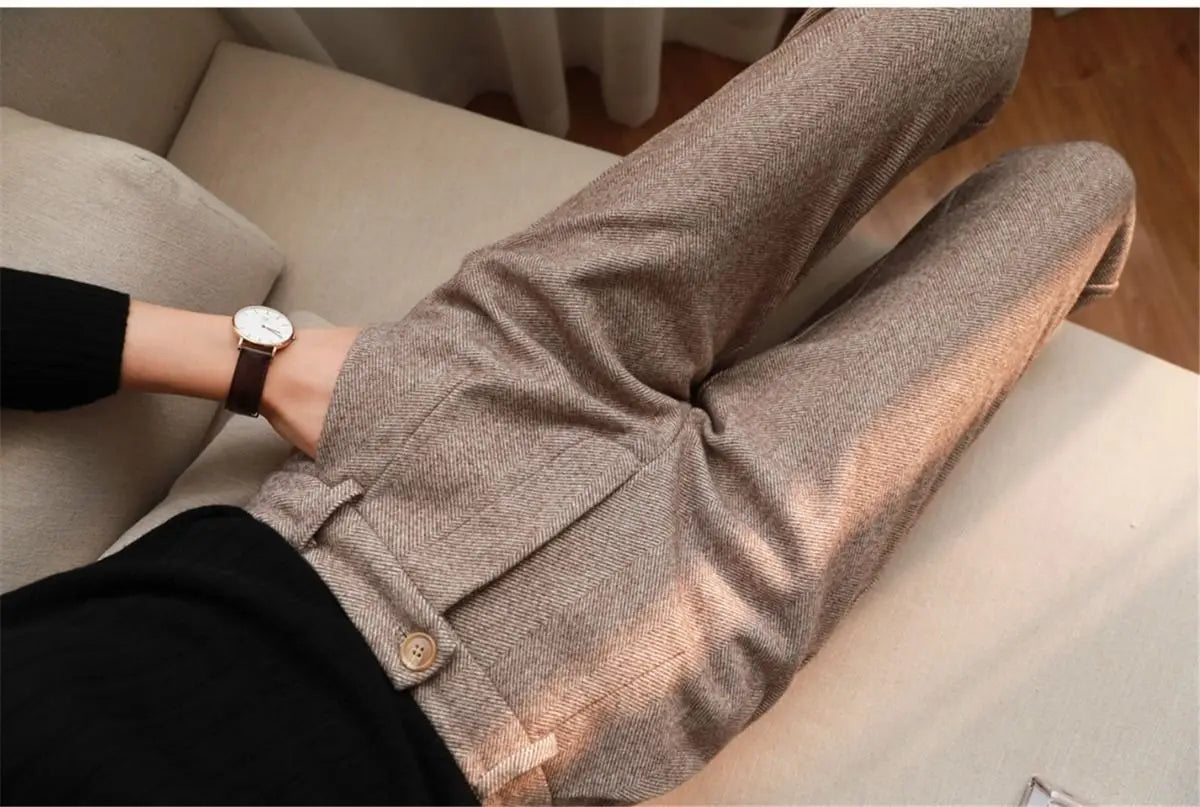 Woolen Pants Women's Harem Pencil Pants 2024 Autumn Winter High Waisted Casual Suit Pants Office Lady Women Trousers - reetell