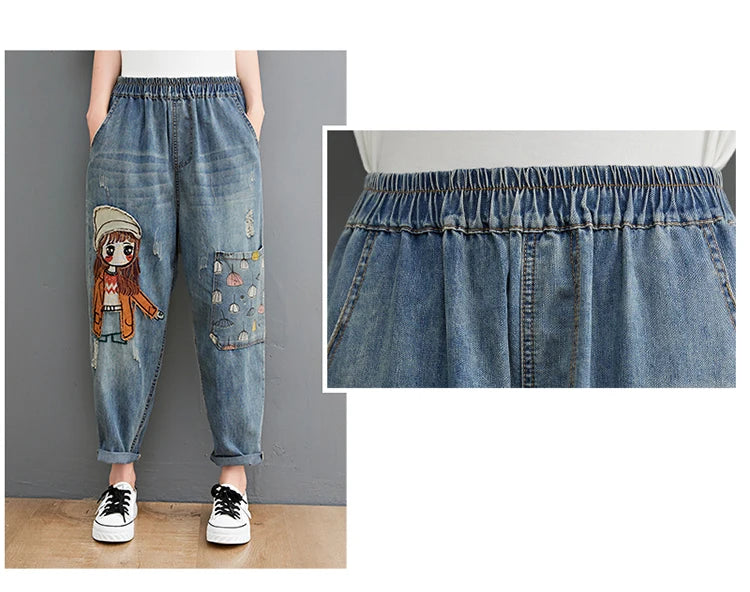 6537 Cartoon Litter Girl Embroidery Denim Pants For Women Trendy Hole Casual High Waist Breeches Pockets Mom Harem Blue Jeans - reetell