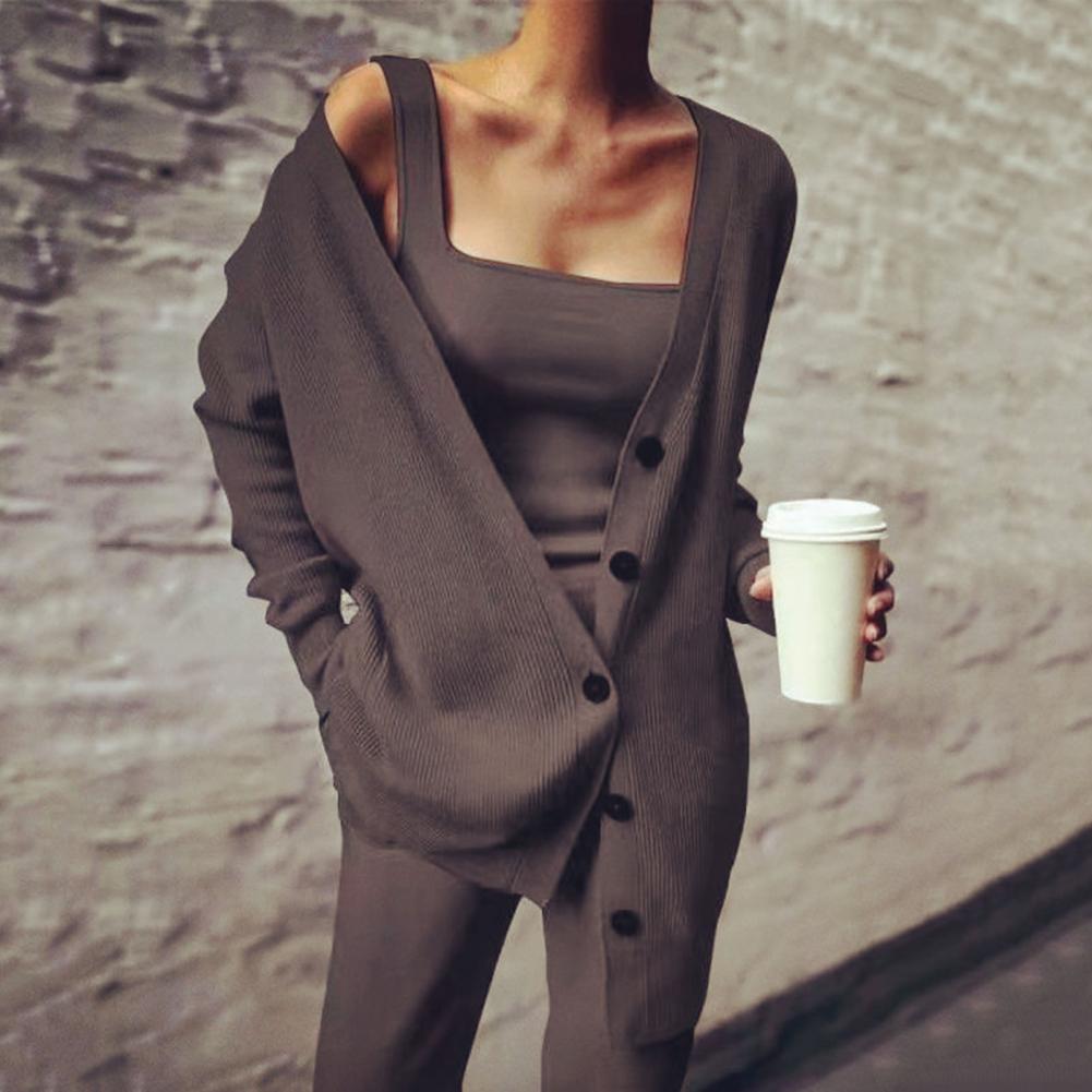 2021 Women Three Pices Set Autumn Winter Knitted Solid Cardigan Tops Tank Top And Casual Loose Long Pants Female Suit Tracksuit - reetell