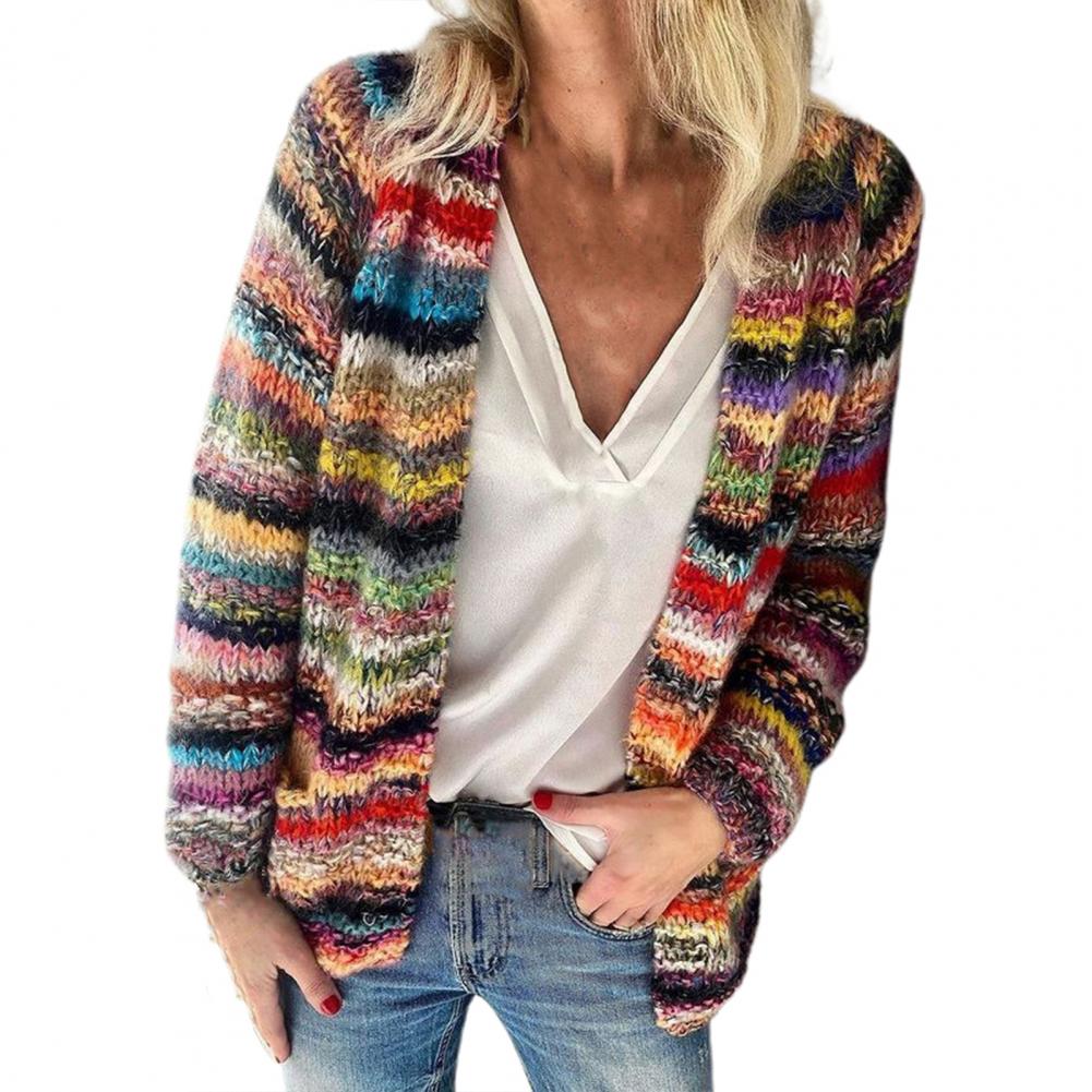 2021 New Women Sweater Rainbow Stripes Temperament Autumn Winter Long Sleeve Knitted Cardigan Coat for Office - reetell