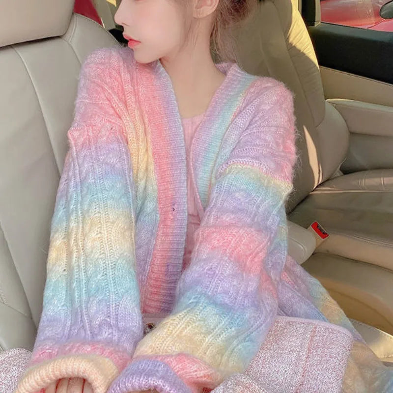 Rainbow Knitted Cardigan Women Autumn Winter Sweet Kawaii Sweater Coat Female Long Korean Button Down Cardigan Fall 2023 Women - reetell