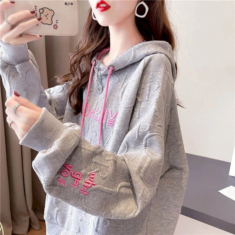 Autumn New Embroidery Hoodies Womens Fashion Loose Large Size Hoodie Korean Trendy Thin Long-sleeved Versatile Hooded Sweatshirt - reetell