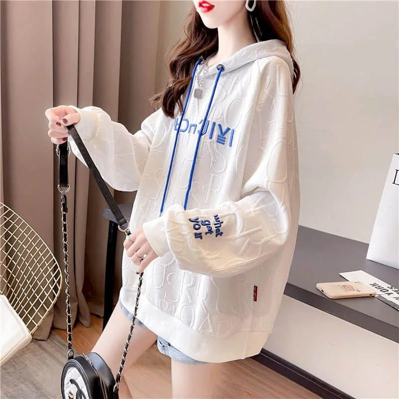 Autumn New Embroidery Hoodies Womens Fashion Loose Large Size Hoodie Korean Trendy Thin Long-sleeved Versatile Hooded Sweatshirt - reetell