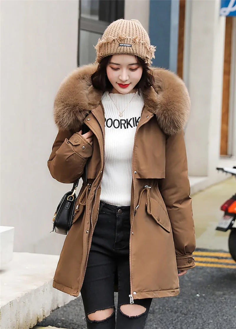 2023 New Winter Jacket Women Parka Fashion Long Coat Wool Liner Hooded Parkas Slim With Fur Collar Warm Snow Wear Padded Clothes - reetell