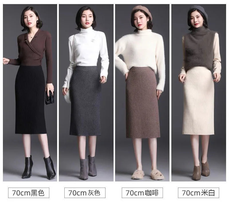 50-60-70 CM Fashion Autumn Winter Korean Knitted Women Skirts Elastic High Waist Split A-line Female Sexy Ribbed Skirts - reetell