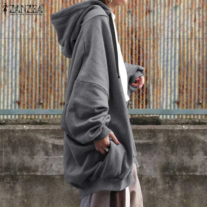 ZANZEA Fashion Oversize Coats Women Autumn Long Sleeve Sweatshirts Female Casual Elegant Loose Outwear Hooded Hoodies 2023 - reetell